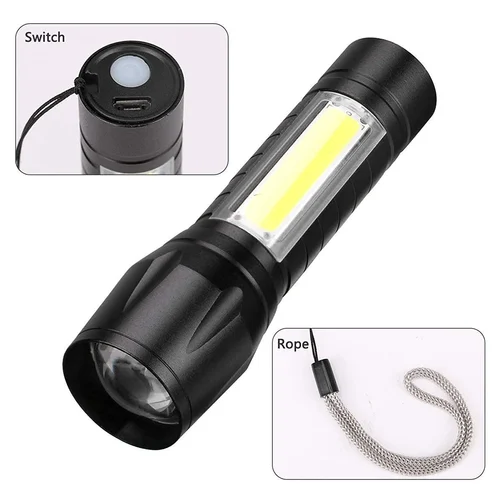 3-in-1 LED Torch with COB Light, USB Rechargeable, 2000x Zoom, 90mm x 40mm, Black